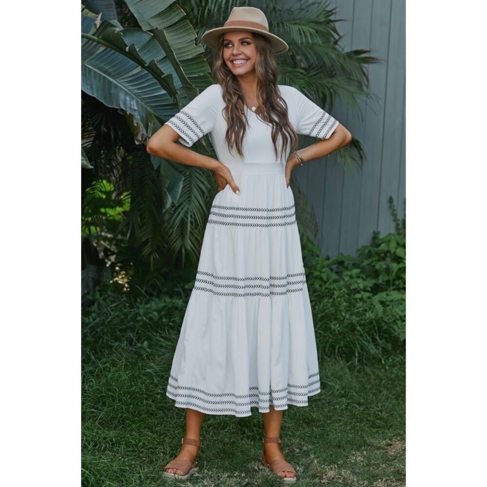 Petallush White Half Sleeve V-Neck Summer Maxi Dress Cottagecore Embroidered